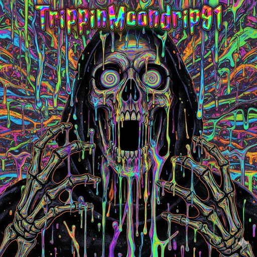 Spiral-Eyed Reaper: A hooded reaper with hypnotic eyes and neon dripping down every bone.