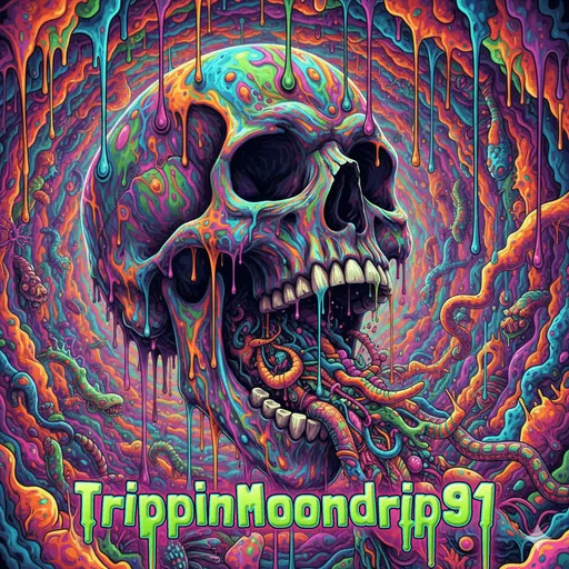 The Melting Grin: A giant skull slowly melting into a swirling tunnel of color.