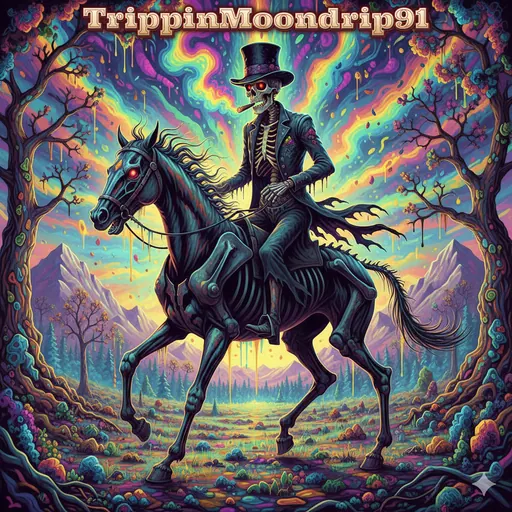 Midnight Top Hat Rider: A gentleman skeleton rides through a psychedelic valley at dusk.