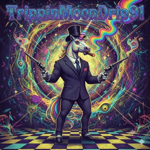 Pinstripe Unicorn Outlaw: A sharp-dressed unicorn with twin revolvers and a cosmic swirl behind him.